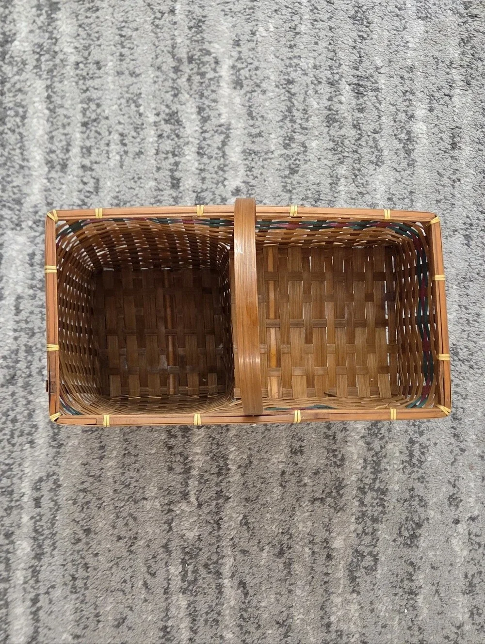 Vintage Rustic Woven Stair Step Wicker Basket Organizer Green Red Stripe Cottage